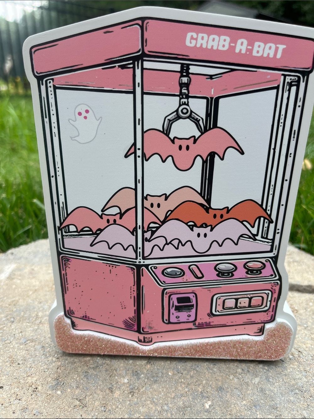 Pink 'Grab-A-Bat' Claw Machine Vinyl Sticker 7” by 5”